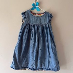 Mini Boden Denim dress with flower pattern lining, and frill sleeves size 7-8